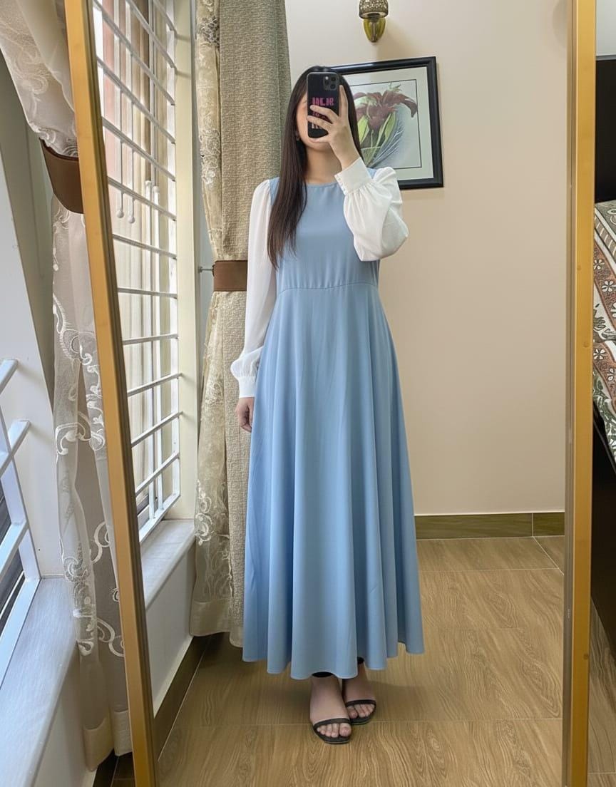 Platted Georgette Maxi Dress with White Sleeves – Premium Elegant Wear