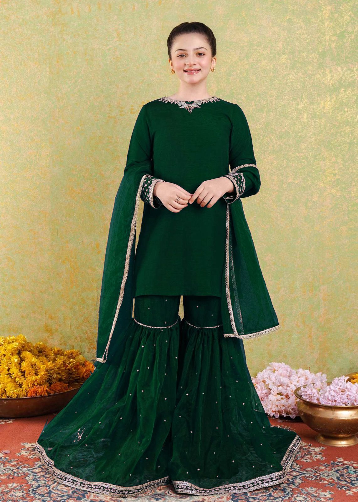 Girls Embroidered Silk Shirt with Lace Garara & Dupatta – 3 Piece Set