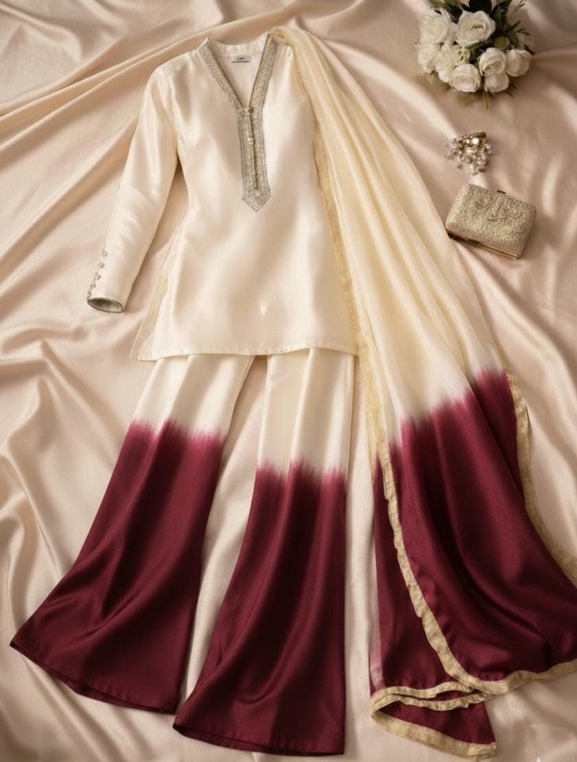 Royal Silk Tie-Dye 3 Peace Dress Ensemble with Luxe Lace Detailing