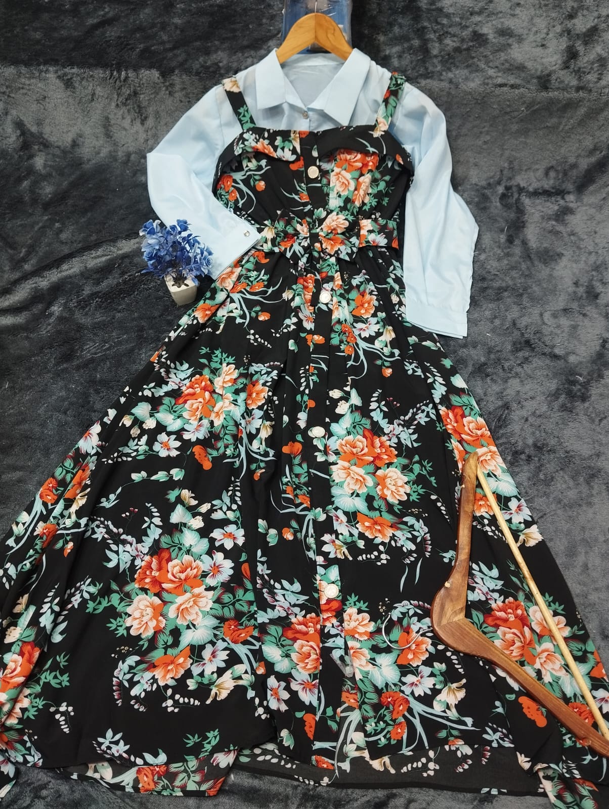 Digital Printed 2-Piece Romper Maxi with Front Open Shirt