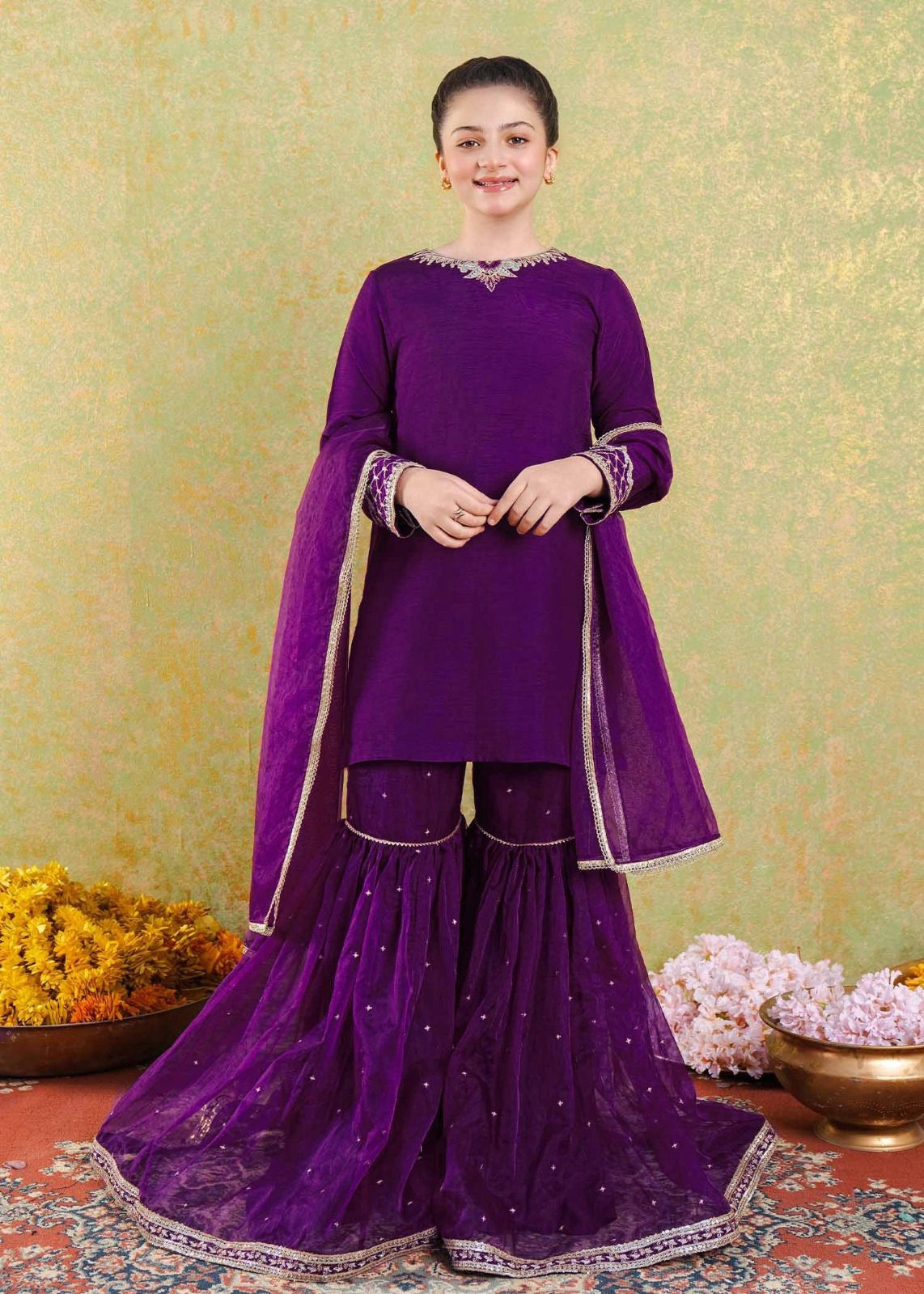 Girls Embroidered Silk Shirt with Lace Garara & Dupatta – 3 Piece Set