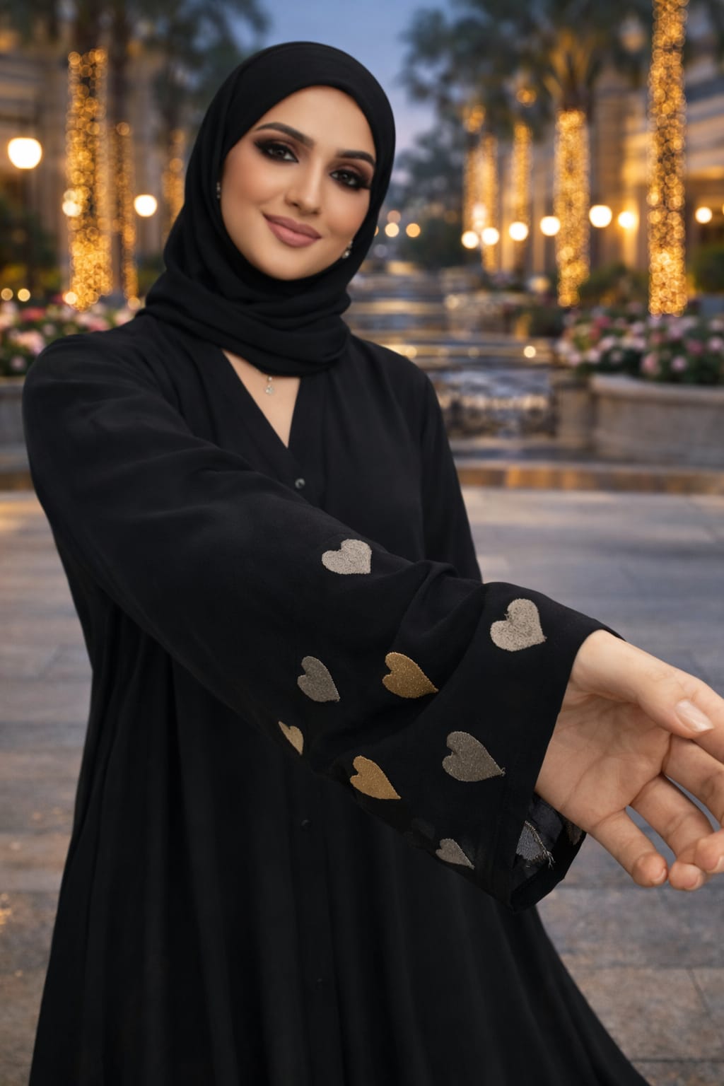 Black Plain  Front Open Georgette Abaya Heart Embroidery In Sleeves (With Stoller)
