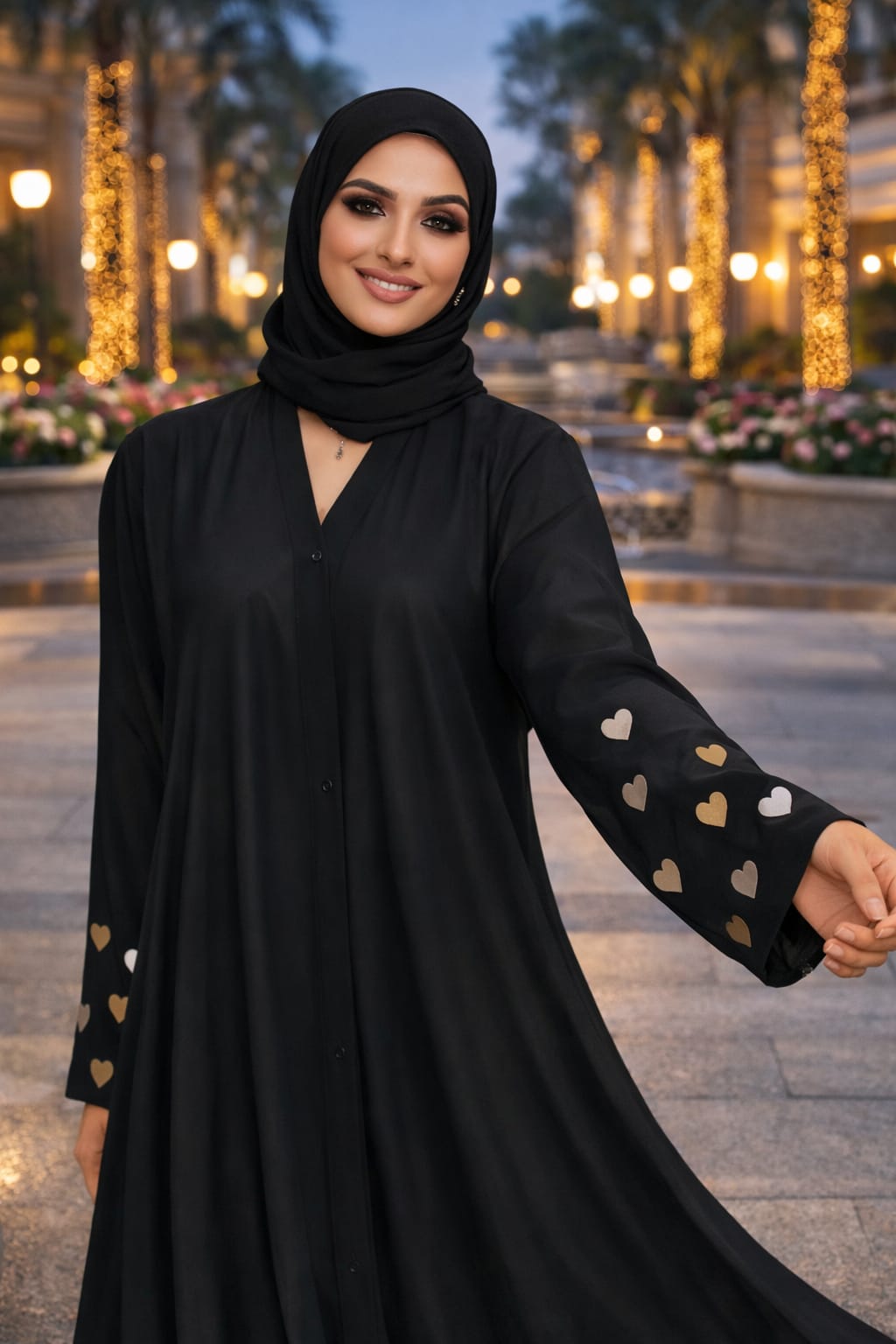 Black Plain  Front Open Georgette Abaya Heart Embroidery In Sleeves (With Stoller)