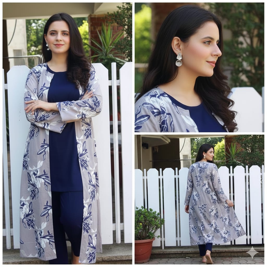 FLORAL PRINTED GREY SILK GOWN SET