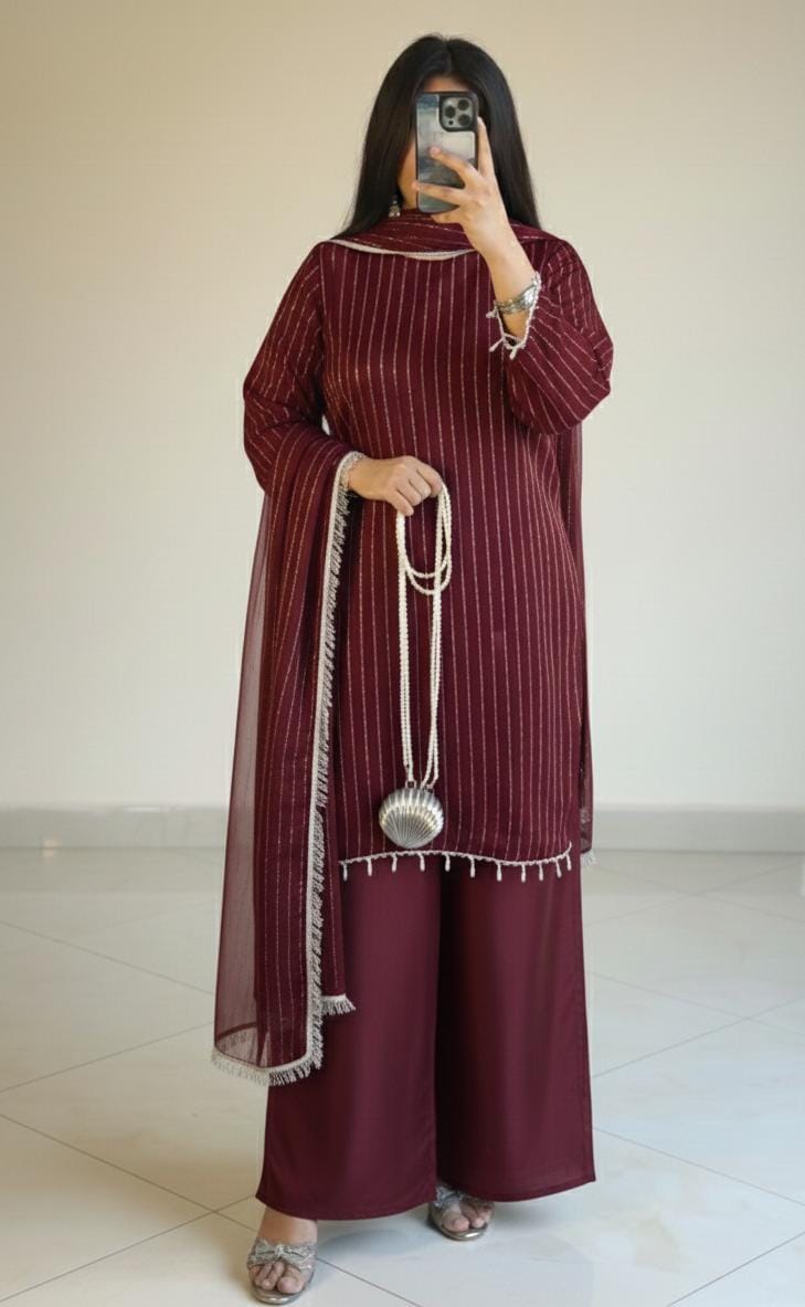 Full Heavy Stone Work Front & Back Shirt with Palazzo & 4-Side Lace Dupatta – Premium 3 Piece Eid Collection