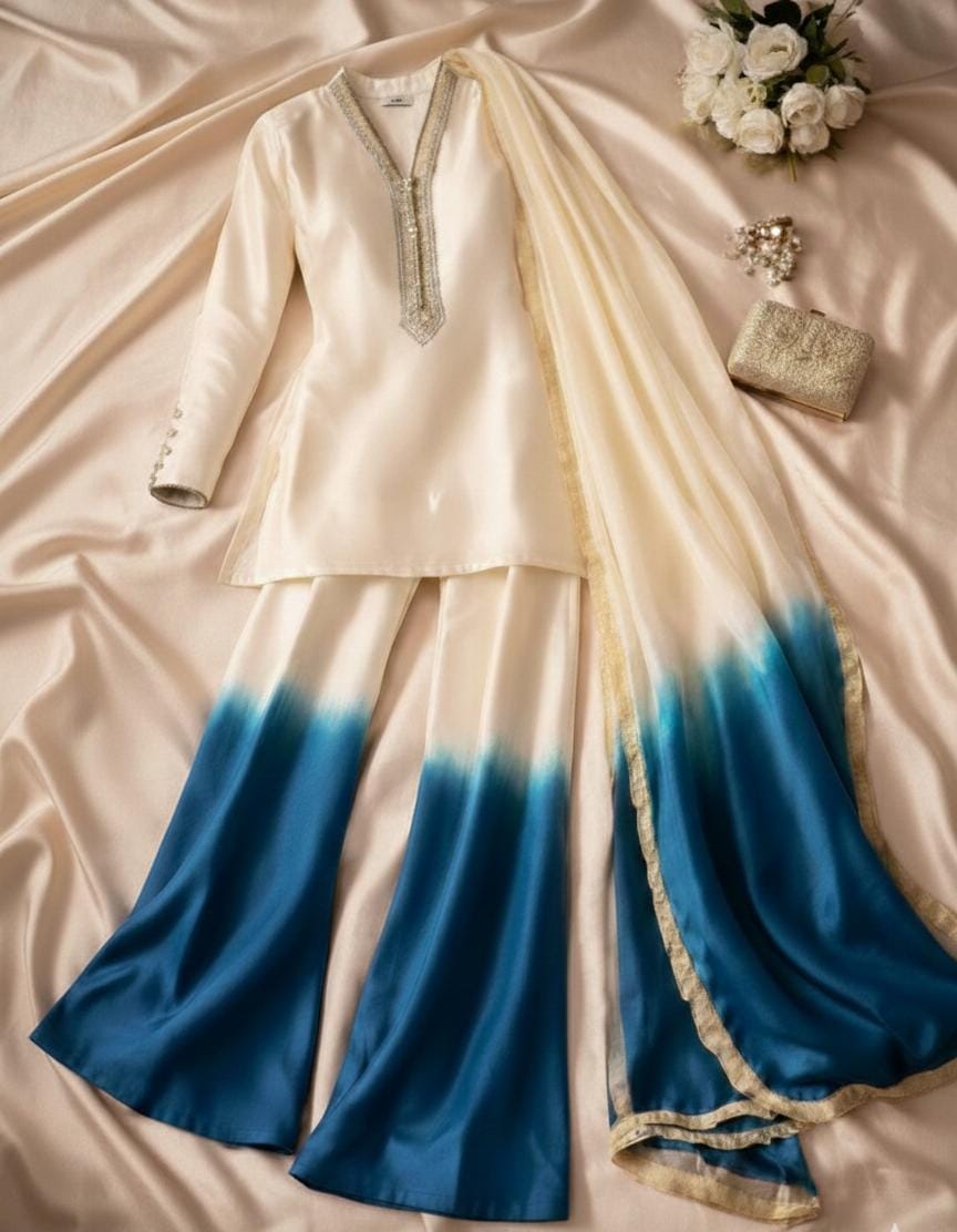 Royal Silk Tie-Dye 3 Peace Dress Ensemble with Luxe Lace Detailing