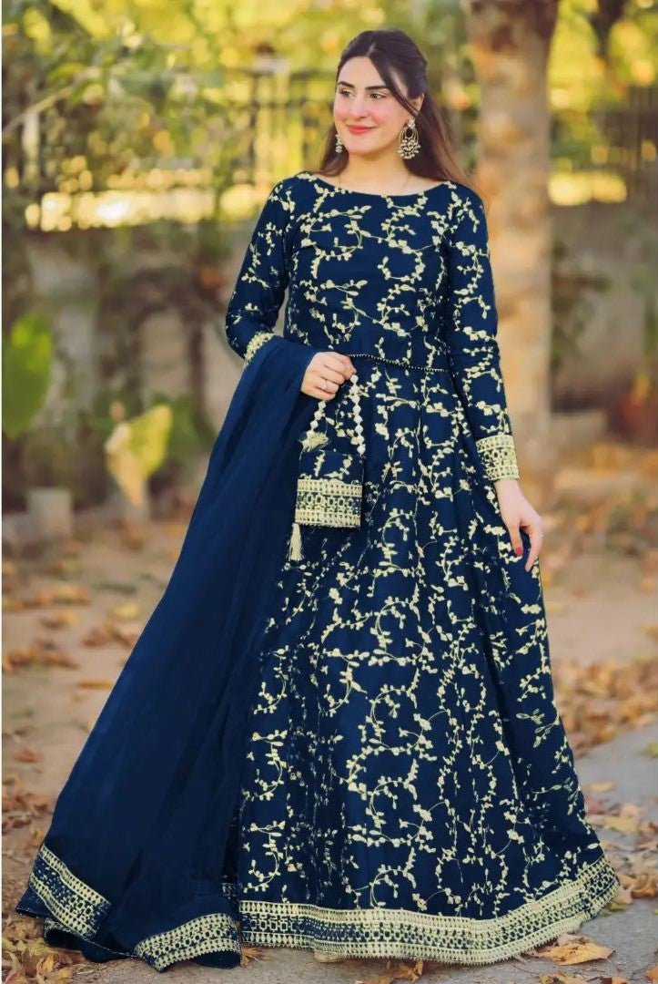 4-Piece Embroidered Silk Ensemble (Top • Long Flare Skirt • Dupatta • Potli)