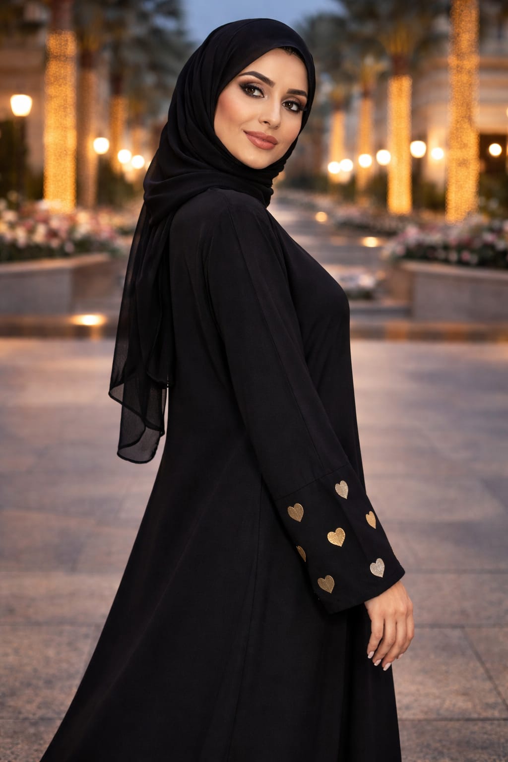 Black Plain  Front Open Georgette Abaya Heart Embroidery In Sleeves (With Stoller)