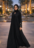 Black Plain  Front Open Georgette Abaya Heart Embroidery In Sleeves (With Stoller)
