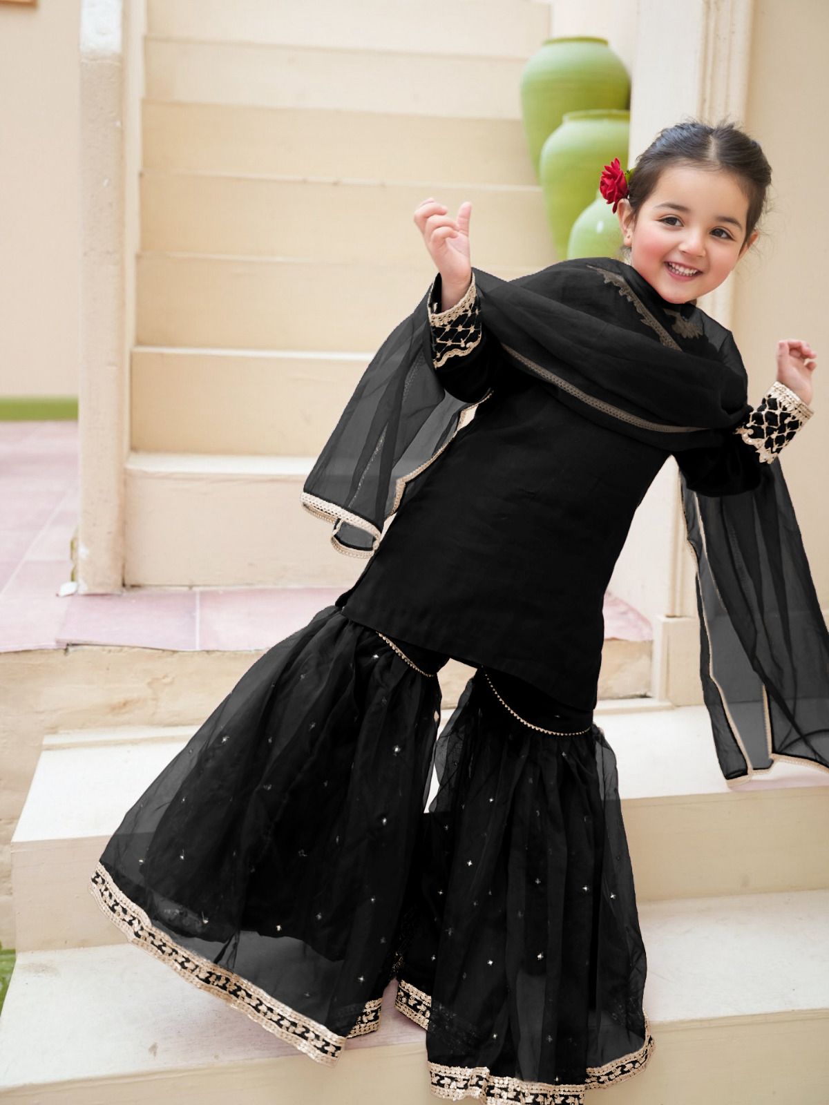 Girls Embroidered Silk Shirt with Lace Garara & Dupatta – 3 Piece Set