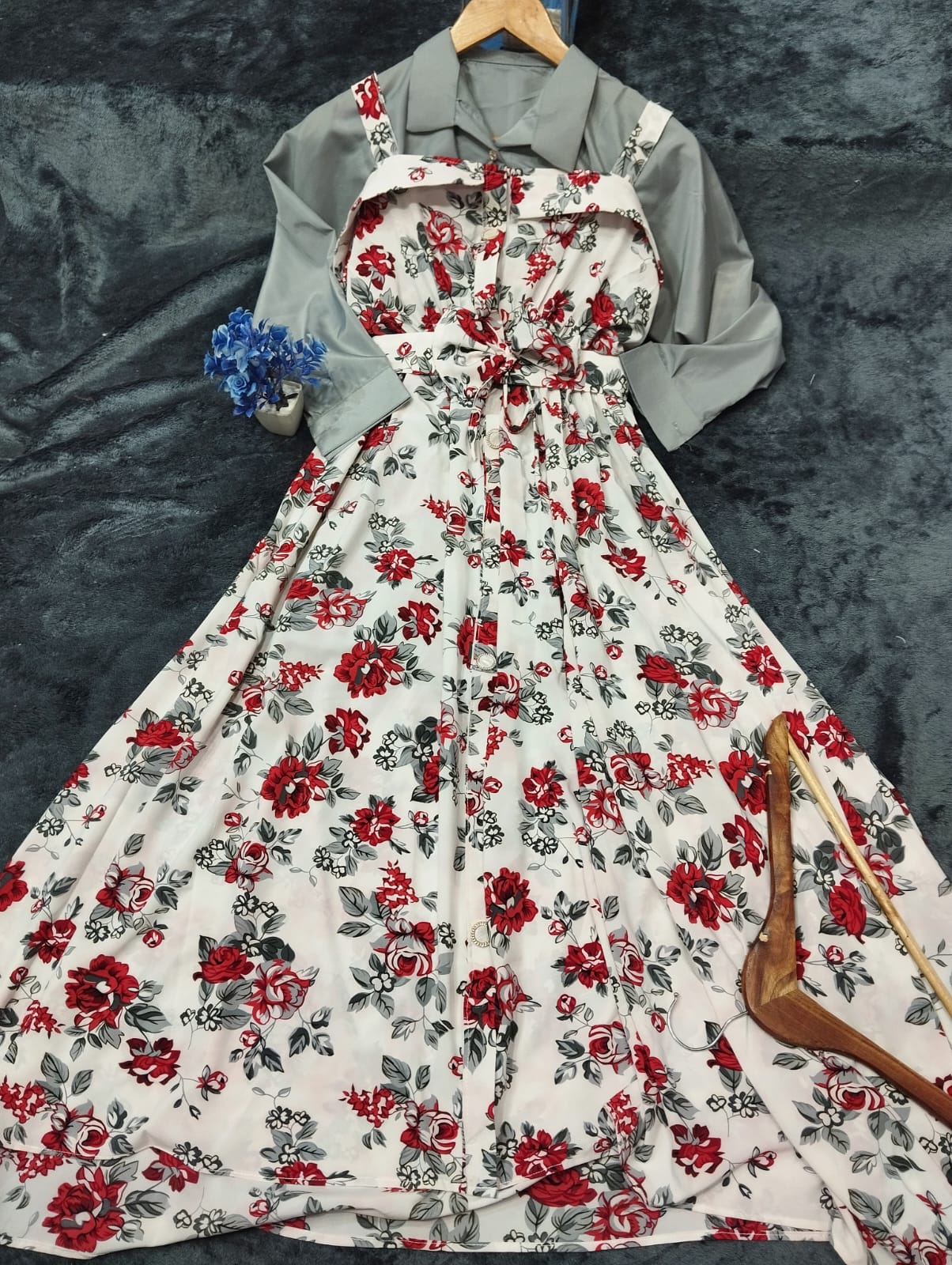 Digital Printed 2-Piece Romper Maxi with Front Open Shirt