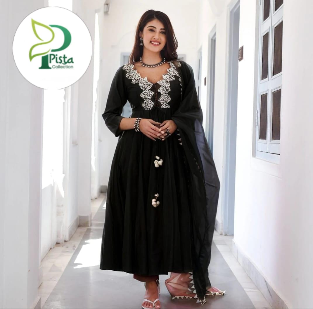 Neck Embroidered Silk Maxi 3-Piece Suit with Dori, Plain Trouser & 4-Side Lace Organza Dupatta ✨