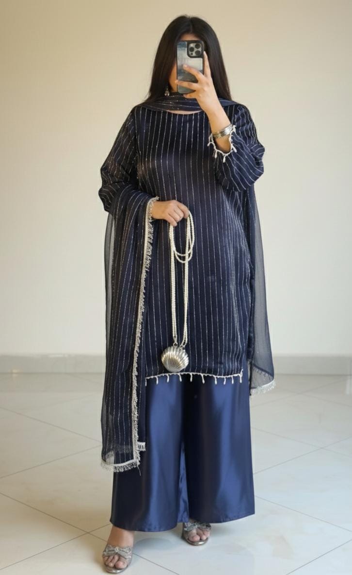 Full Heavy Stone Work Front & Back Shirt with Palazzo & 4-Side Lace Dupatta – Premium 3 Piece Eid Collection