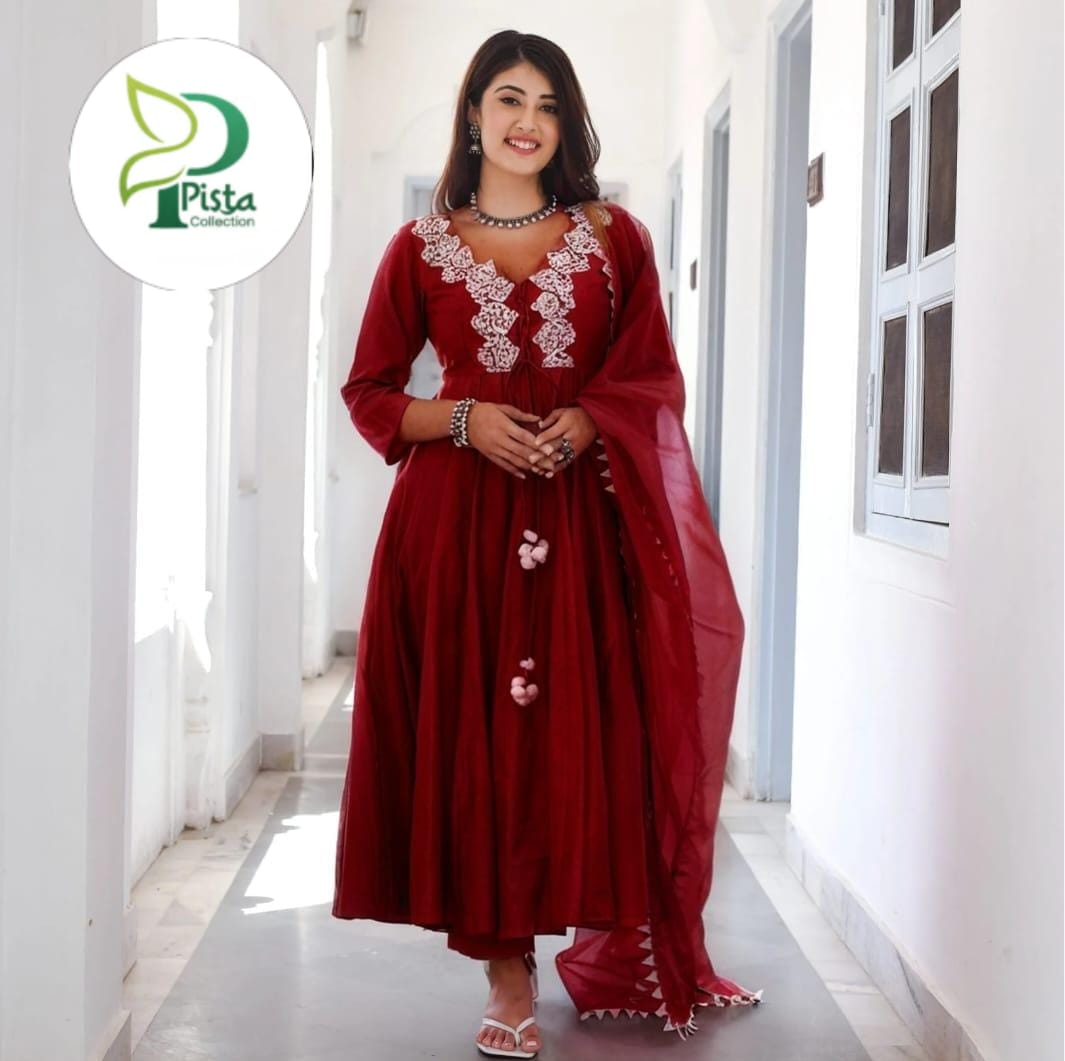 Neck Embroidered Silk Maxi 3-Piece Suit with Dori, Plain Trouser & 4-Side Lace Organza Dupatta ✨