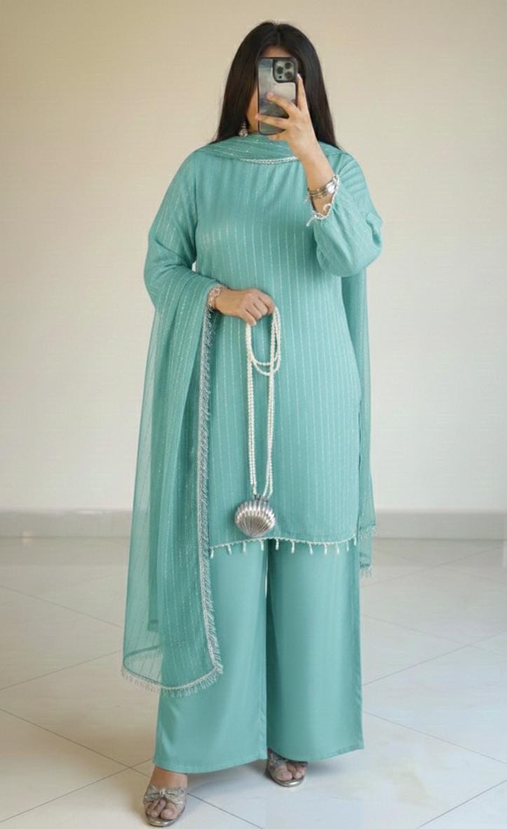 Full Heavy Stone Work Front & Back Shirt with Palazzo & 4-Side Lace Dupatta – Premium 3 Piece Eid Collection