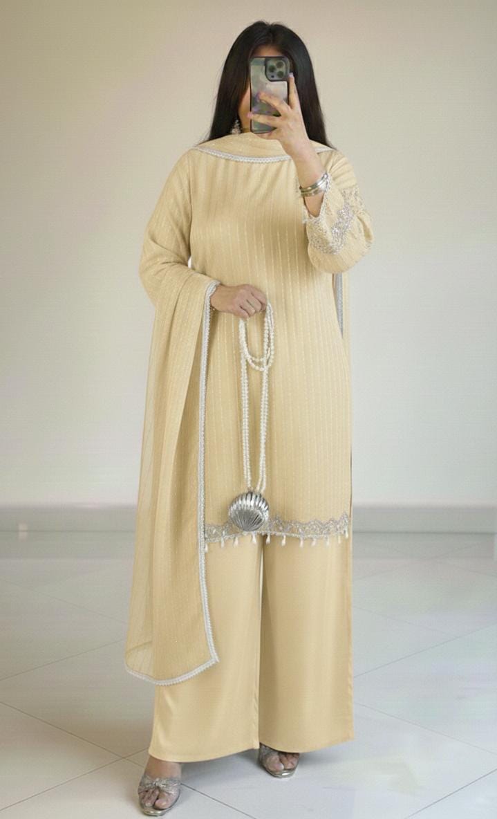 Full Heavy Stone Work Front & Back Shirt with Palazzo & 4-Side Lace Dupatta – Premium 3 Piece Eid Collection