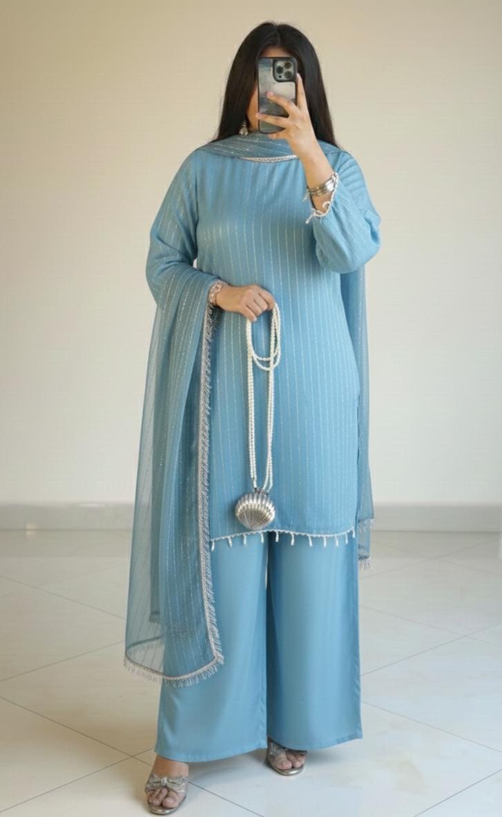 Full Heavy Stone Work Front & Back Shirt with Palazzo & 4-Side Lace Dupatta – Premium 3 Piece Eid Collection