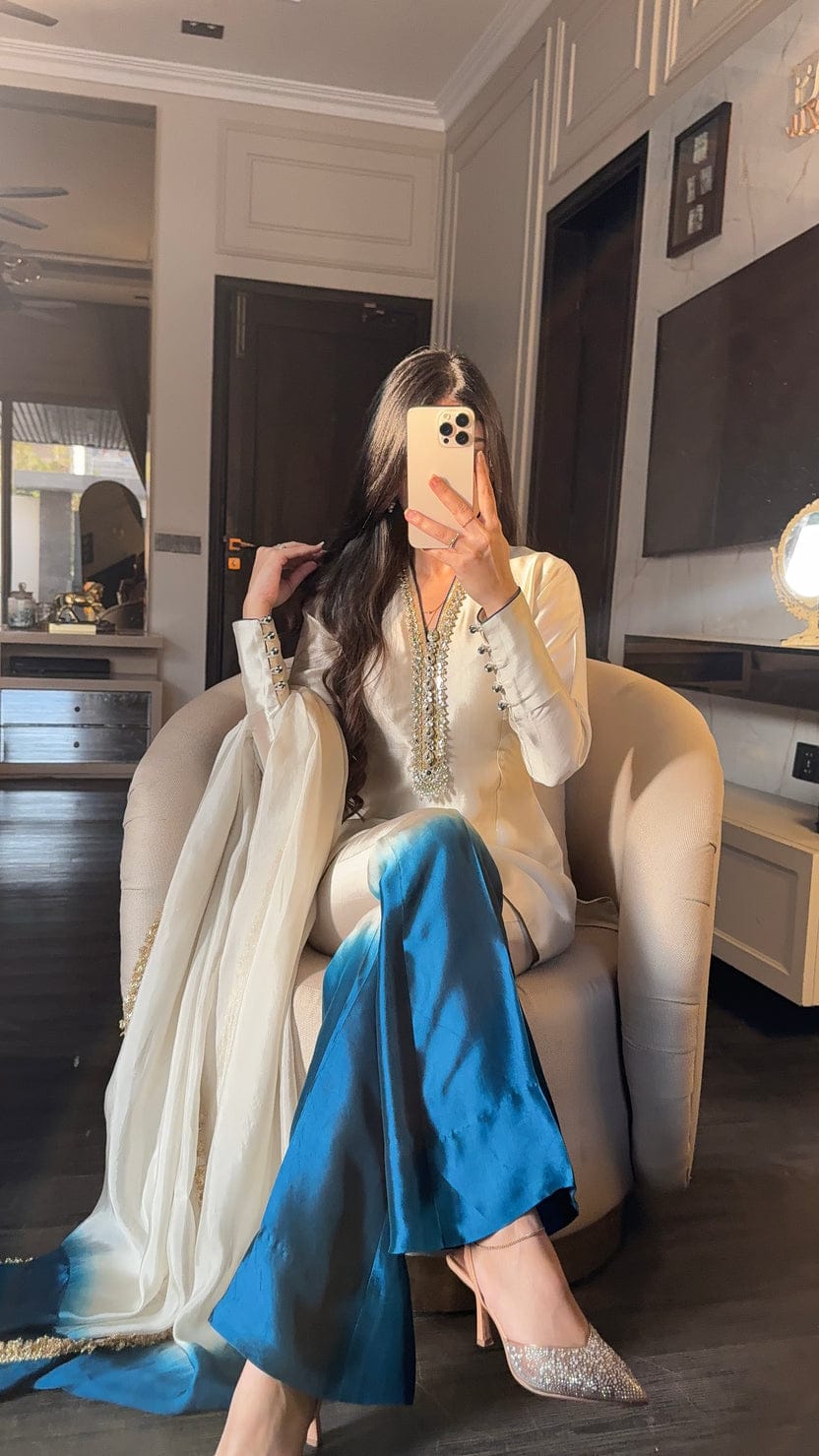 Royal Silk Tie-Dye 3 Peace Dress Ensemble with Luxe Lace Detailing