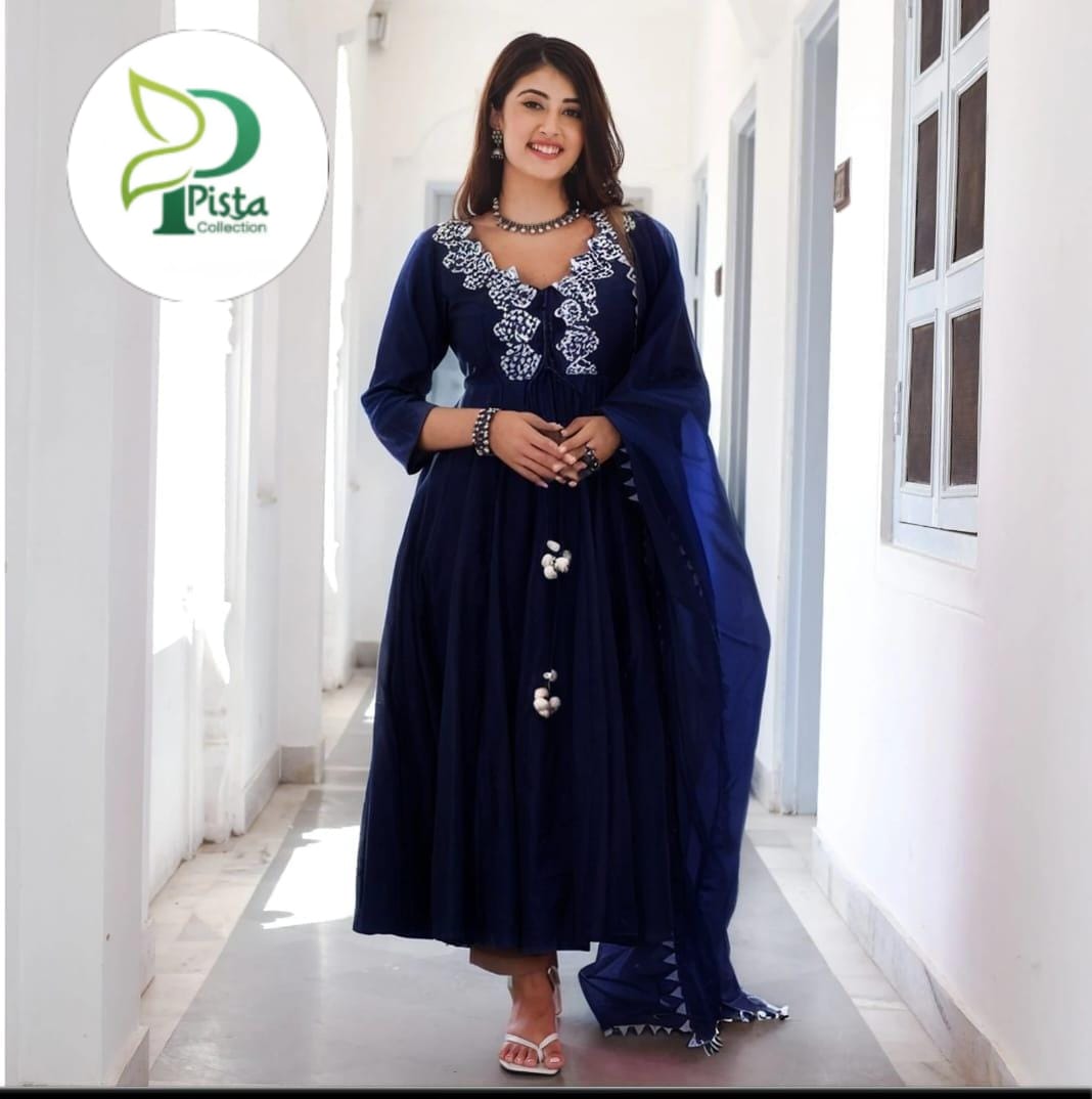 Neck Embroidered Silk Maxi 3-Piece Suit with Dori, Plain Trouser & 4-Side Lace Organza Dupatta ✨