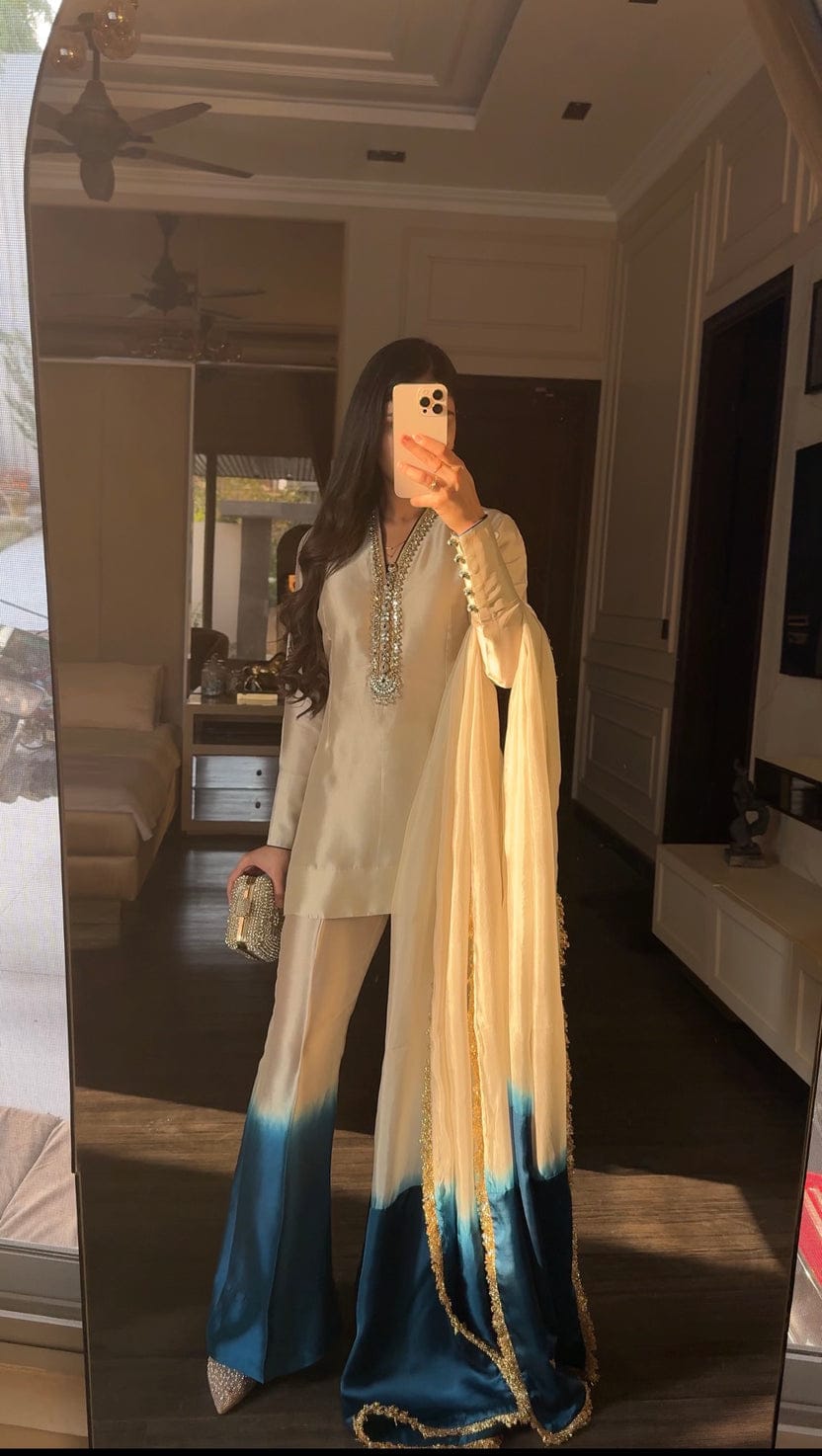 Royal Silk Tie-Dye 3 Peace Dress Ensemble with Luxe Lace Detailing