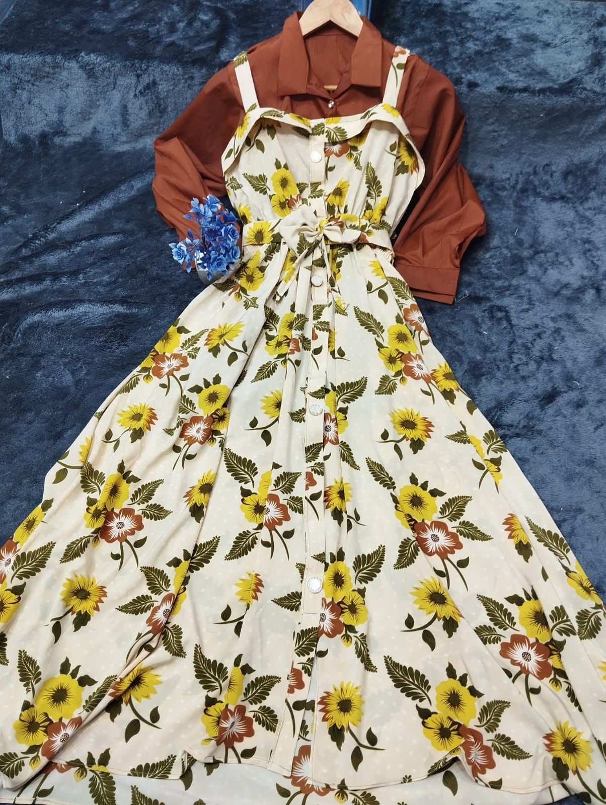 Digital Printed 2-Piece Romper Maxi with Front Open Shirt