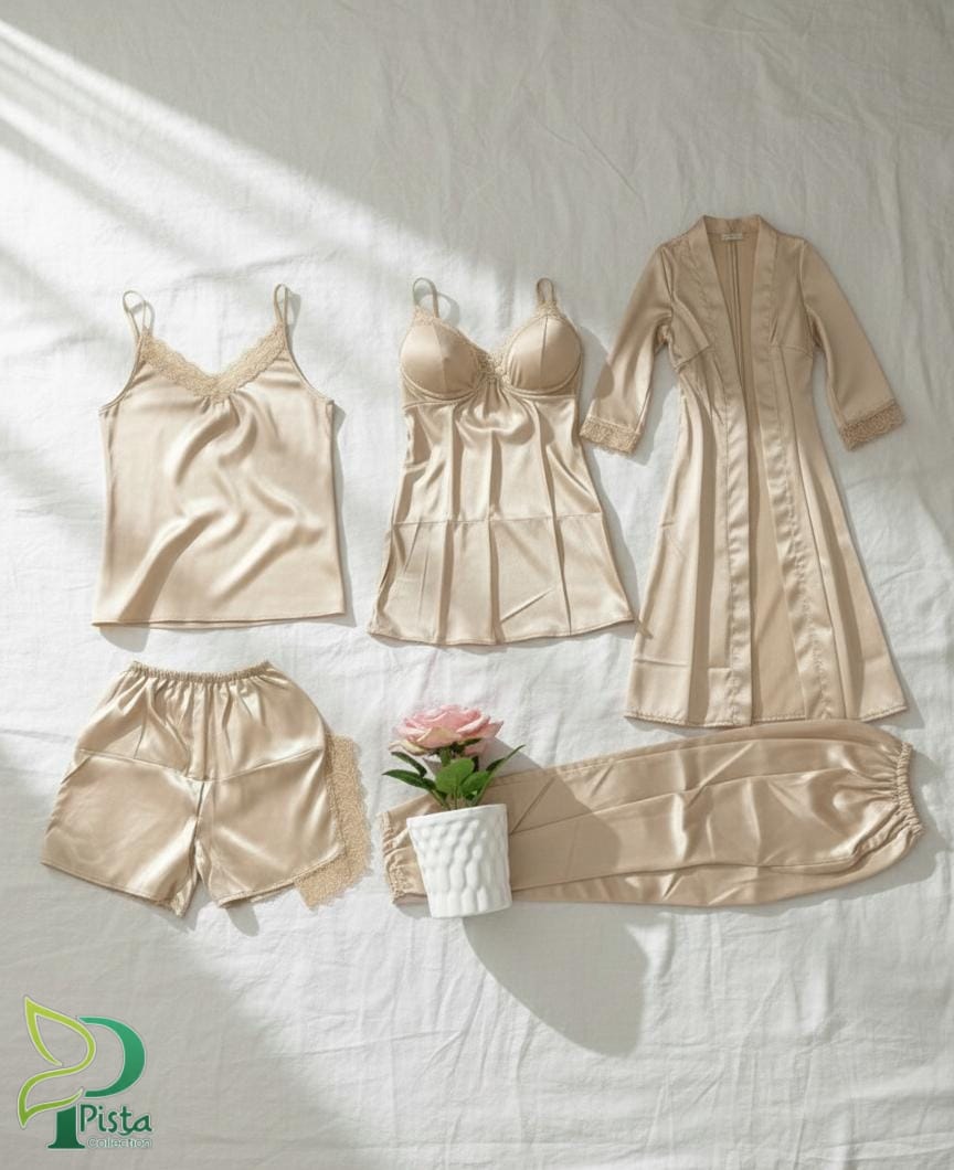 5 Peace Skin Tone Night Dress Lingerie Set – 5 Pcs Luxury Sleepwear