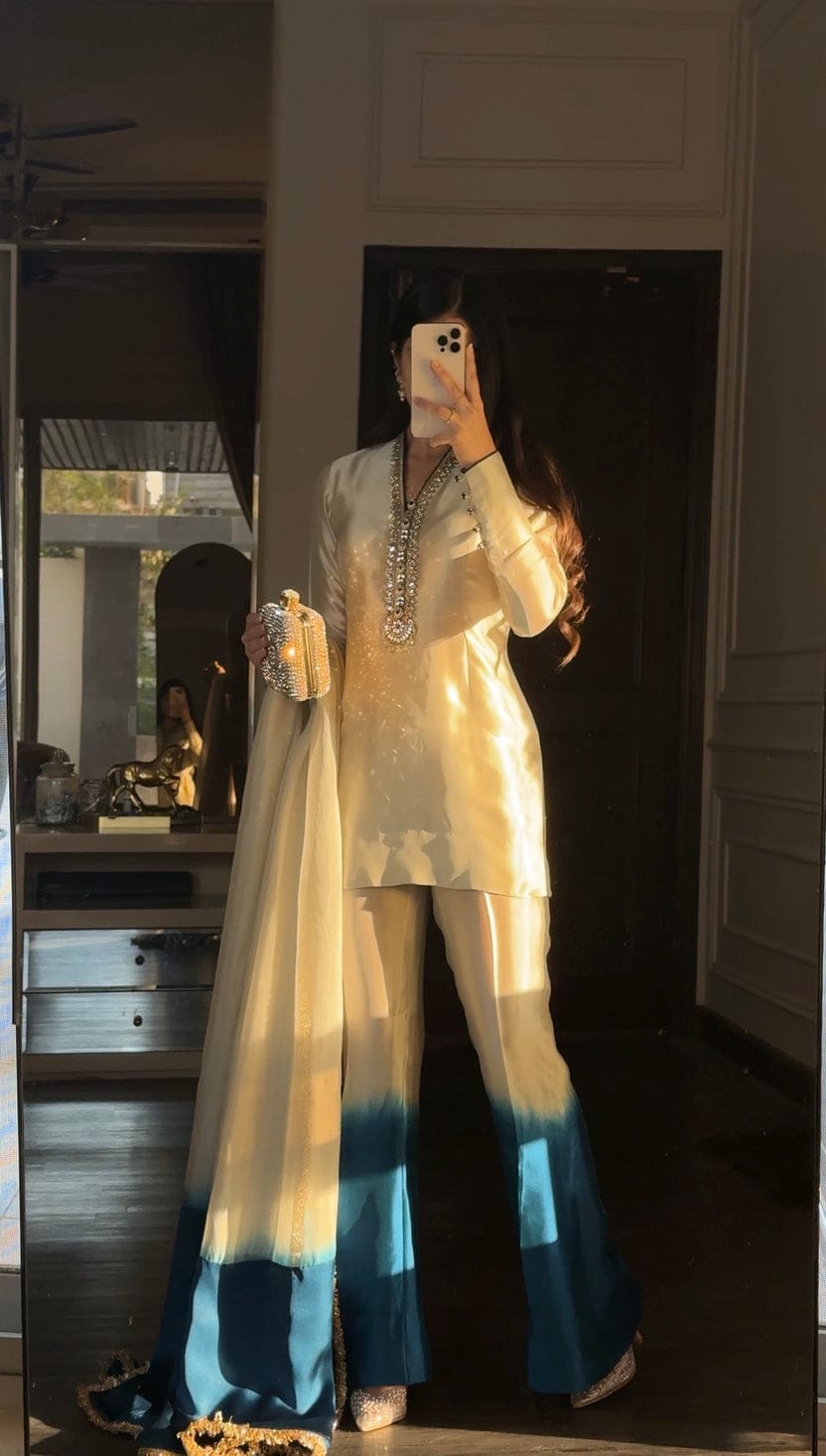 Royal Silk Tie-Dye 3 Peace Dress Ensemble with Luxe Lace Detailing