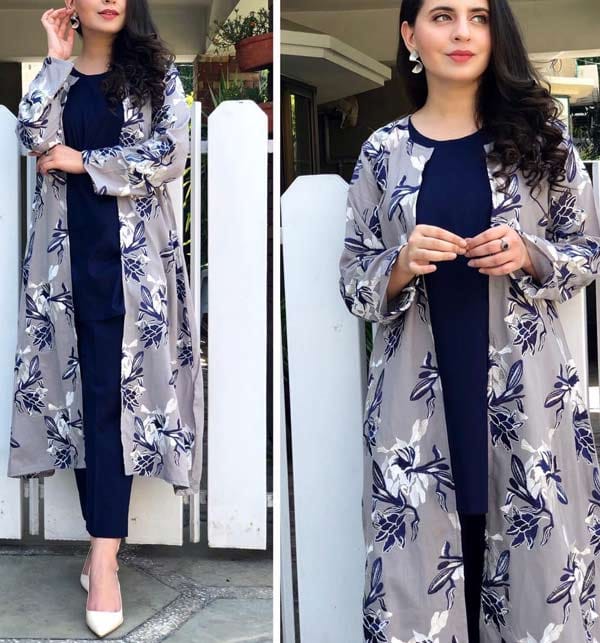 FLORAL PRINTED GREY SILK GOWN SET