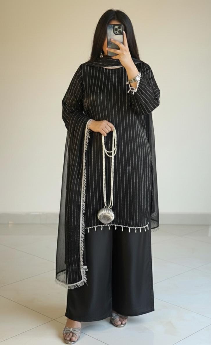 Full Heavy Stone Work Front & Back Shirt with Palazzo & 4-Side Lace Dupatta – Premium 3 Piece Eid Collection