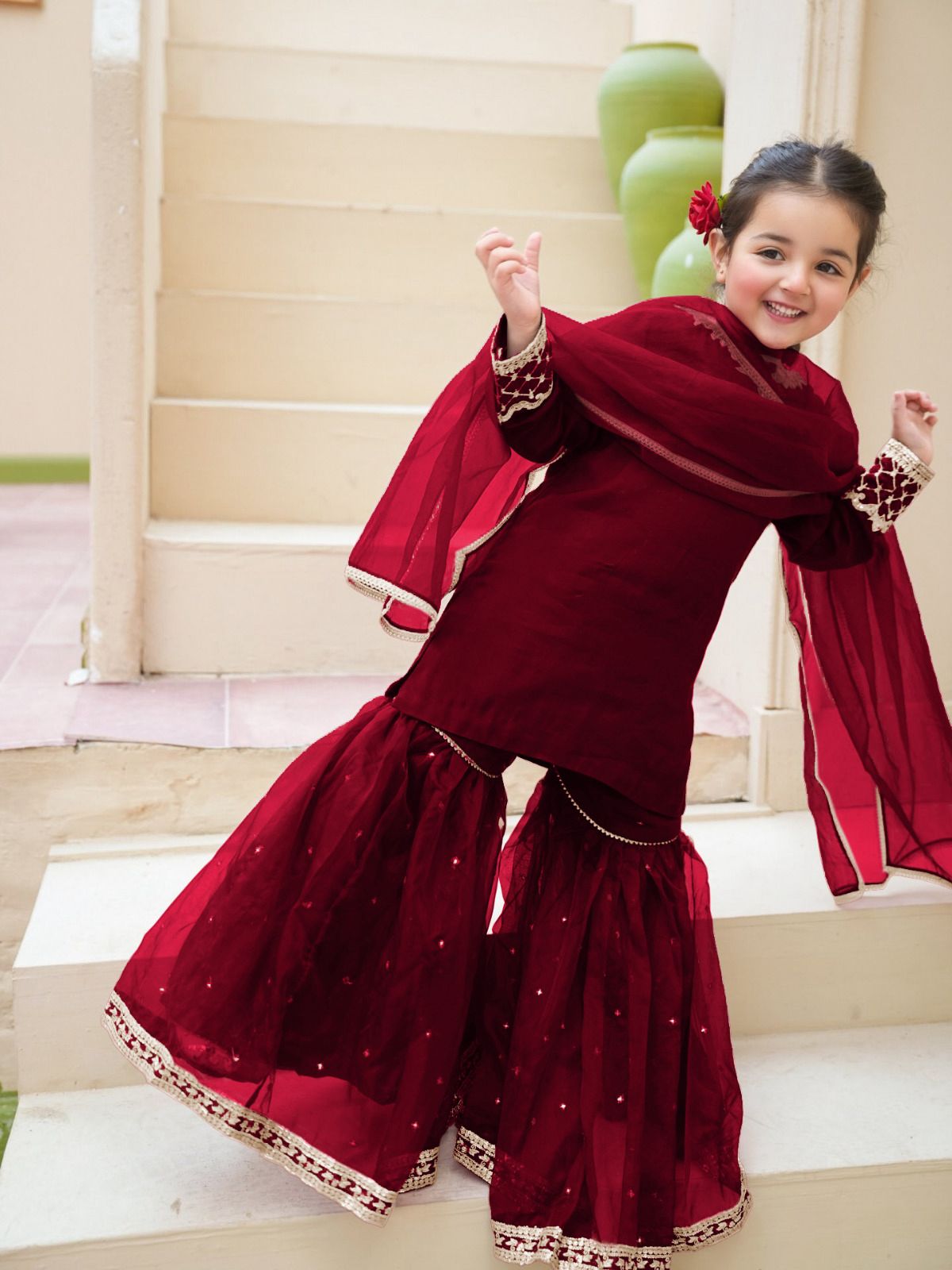 Girls Embroidered Silk Shirt with Lace Garara & Dupatta – 3 Piece Set