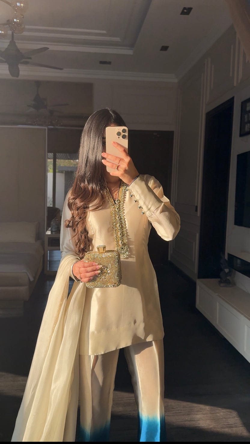 Royal Silk Tie-Dye 3 Peace Dress Ensemble with Luxe Lace Detailing