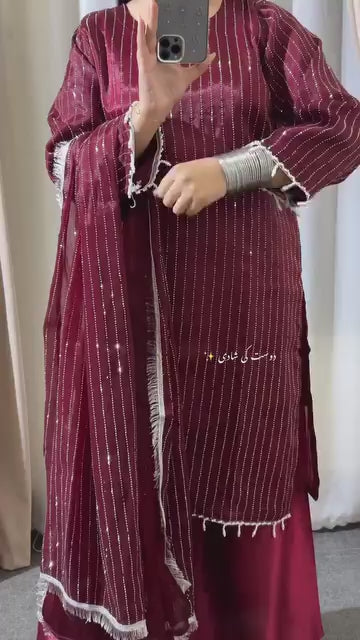 Full Heavy Stone Work Front & Back Shirt with Palazzo & 4-Side Lace Dupatta – Premium 3 Piece Eid Collection