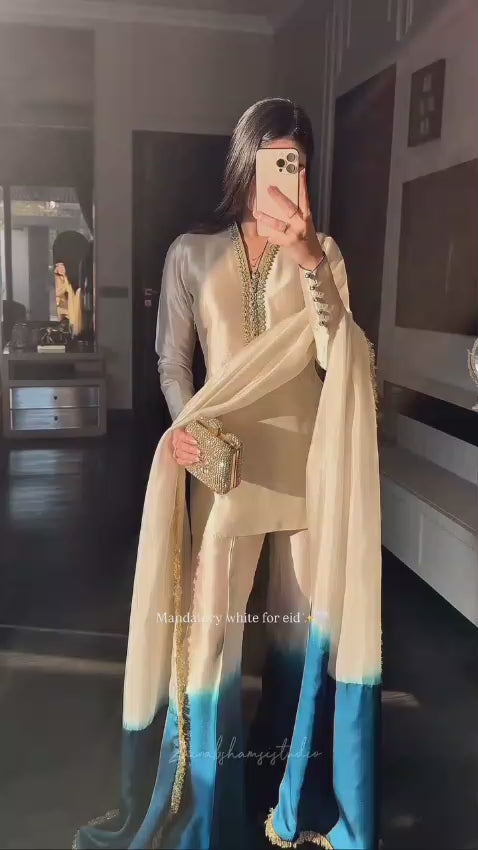 Royal Silk Tie-Dye 3 Peace Dress Ensemble with Luxe Lace Detailing