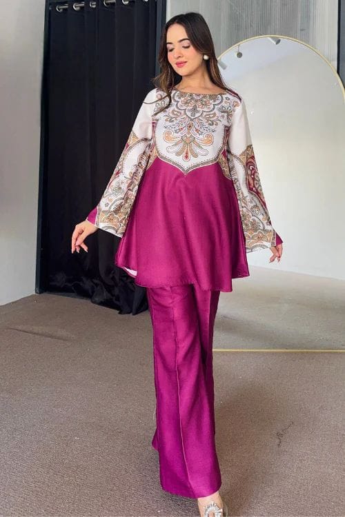 Elegant Dark Pink Digital Printed 2-Piece Co-ord Set 🌸 (Shamoze Silk)